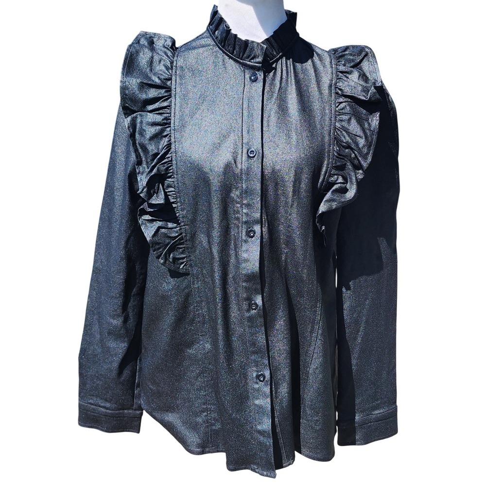 Mazik Womens Black Shimmer Ruffle Mock Neck Button Down Blouse Size L Metallic